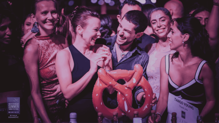 Group of Tango Young community leaders from NRW, Kraków, Munich, Paris and Florence smiling together at the Mediterranean Summer Tango Festival in Poreč.