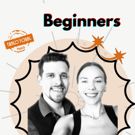 Two smiling tango dancers on a graphic for a beginner tango class in Munich.