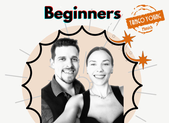 Two smiling tango dancers on a graphic for a beginner tango class in Munich.