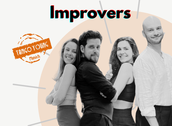 Four tango teachers from Tango Flow Munich posing together for the Improvers Argentine tango course, Studio TASK.