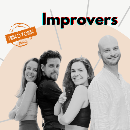 Four tango teachers from Tango Flow Munich posing together for the Improvers Argentine tango course, Studio TASK.