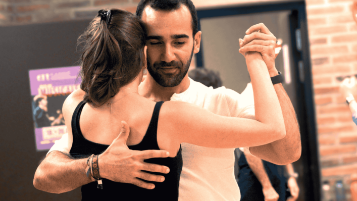 Tango dancers in close embrace during the Brezel Practica at FAT CAT in Munich on Wednesday evening.
