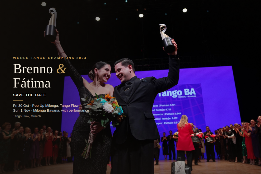 Brenno and Fátima, 2024 world tango champions, celebrating with trophies